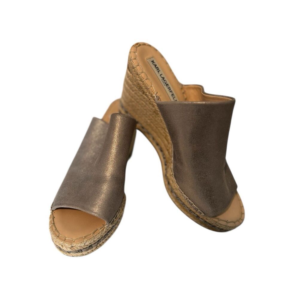 KARL LAGERFELD Women's Carina Slip on Espadrille Wedge Sandal Gold Sz M Designer